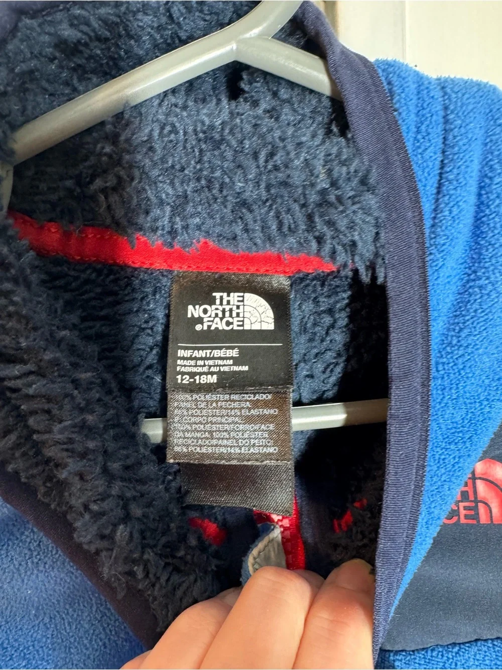 The north face baby boys blue teddy fleece lined zip up hooded jacket 12-18 mo.